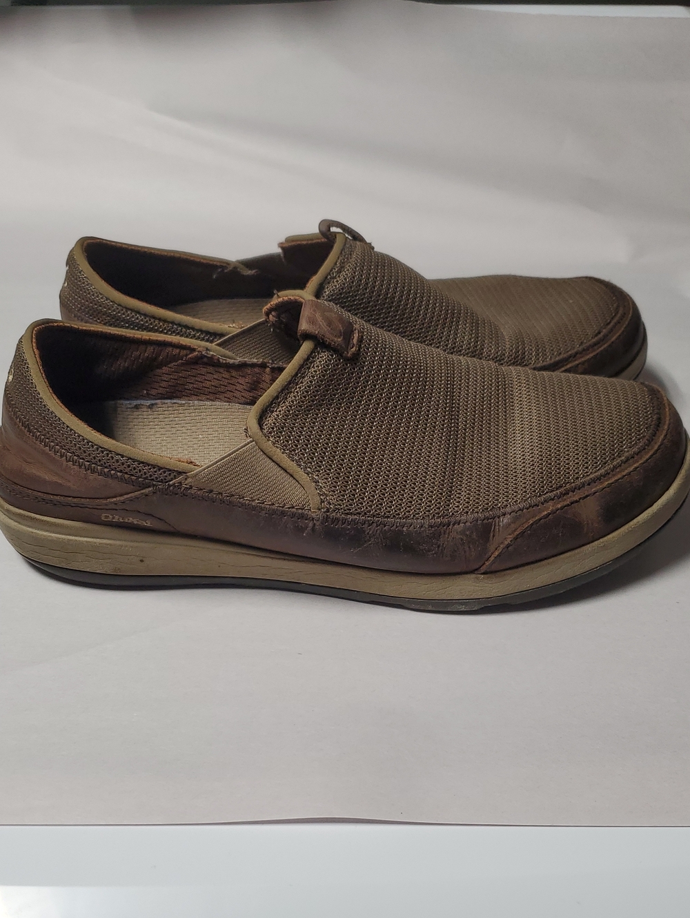 Olukai Makia Mens Brown Leather Mesh Slip-On Loafer Boat Shoe Size 8.5 Preppy